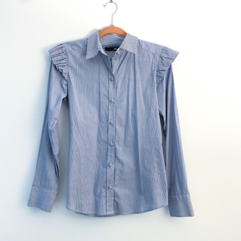 Pinstripe Ruffle Shoulder Button Down - image 2